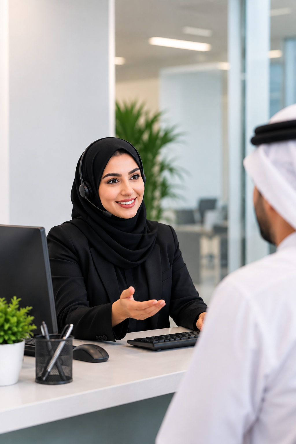 Welcoming Receptionist at Modern Office Desk